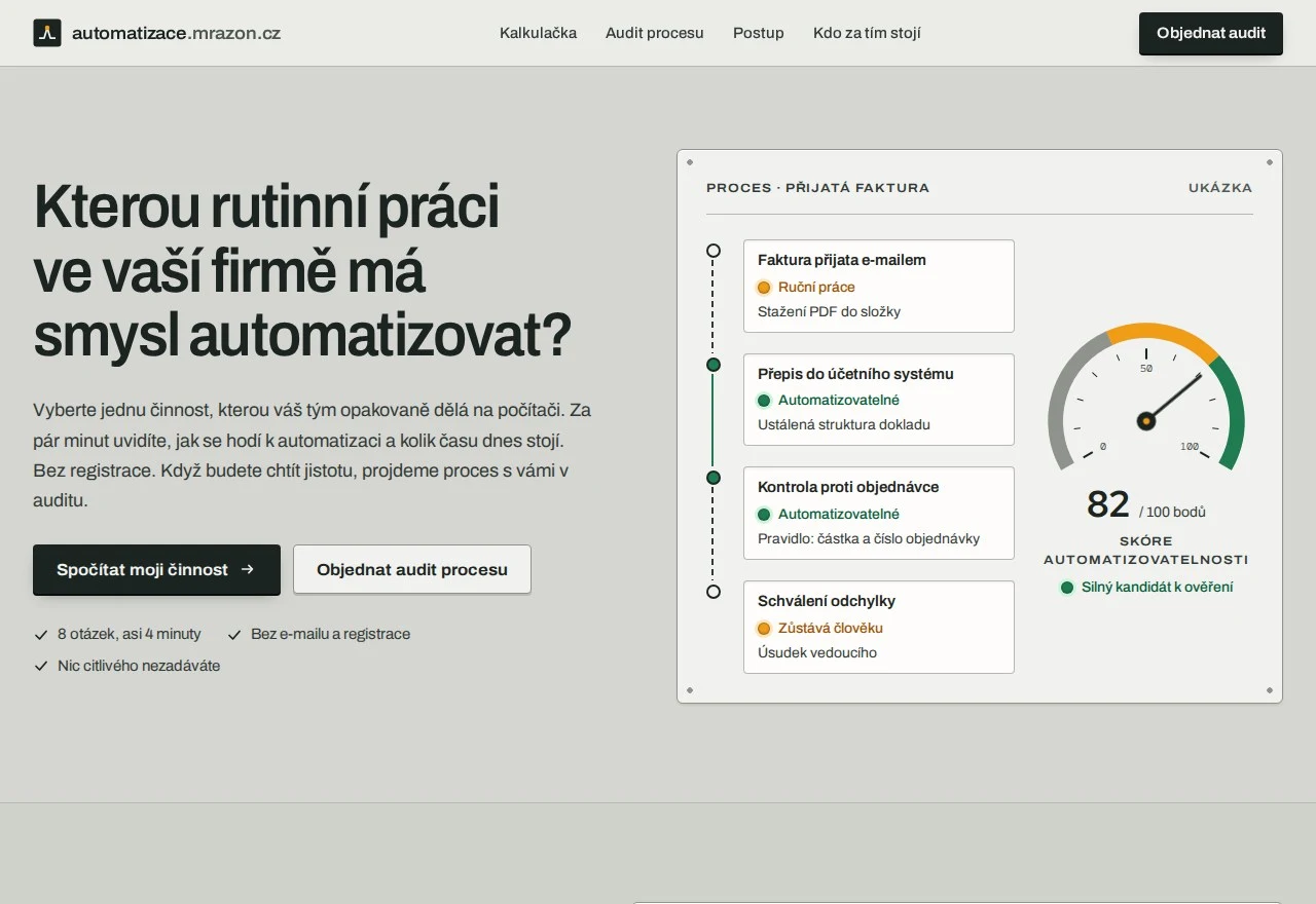 Web automatizací s ukázkou procesu a kalkulačkou automatizovatelnosti
